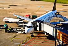 Airport with a Lufthansa, Star Alliance plane.