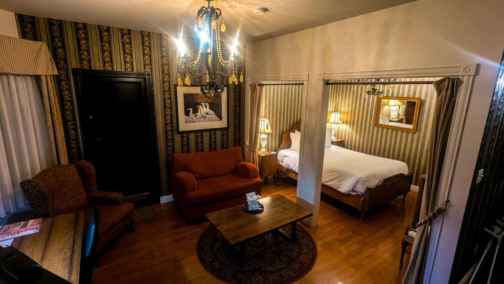 My room at the Auberge sous les Arbres in Gaspe, Quebec, Canada.