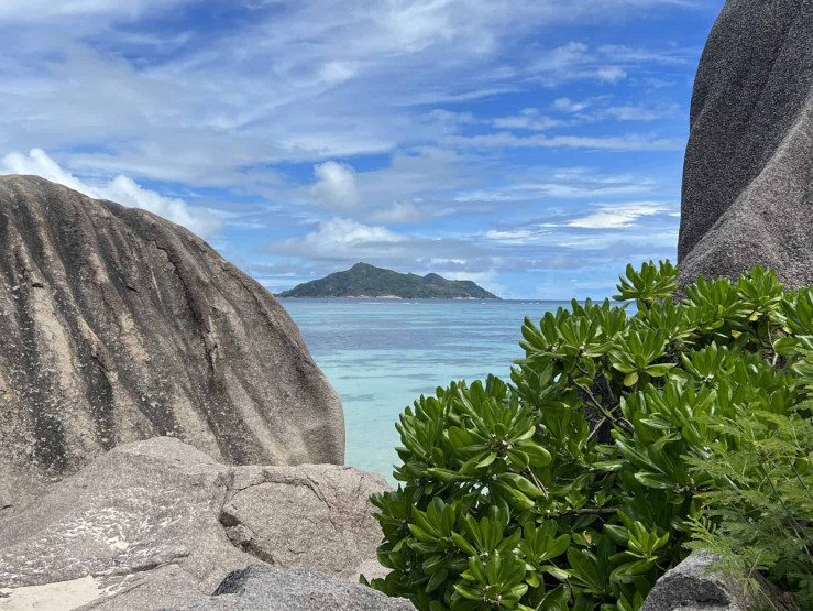 View of the neighboring island of Praslin, Seychelles.